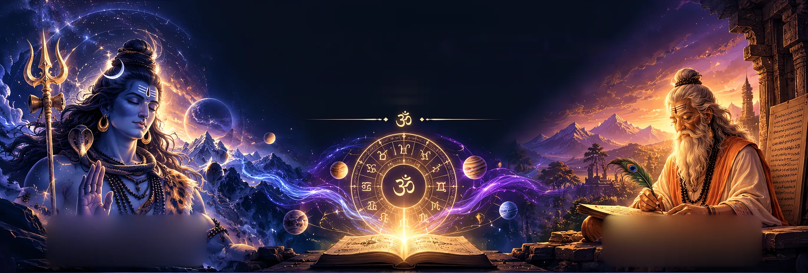 Lord Shiva on the left and Maharishi Bhrigu writing on the right, with a glowing wheel of the zodiac and an open book between them